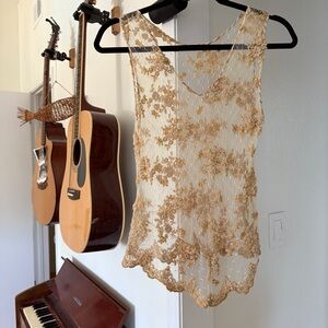 Vintage Gold and cream Embroidered Beaded Floral Lace Mesh Sleeveless Top